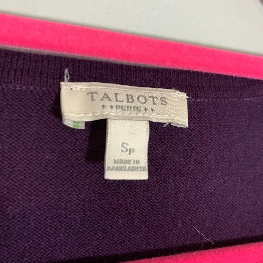 Talbots Petite Purple V-Neck 100%‎ Cotton Sweater Ribbed Chevron Detail SP